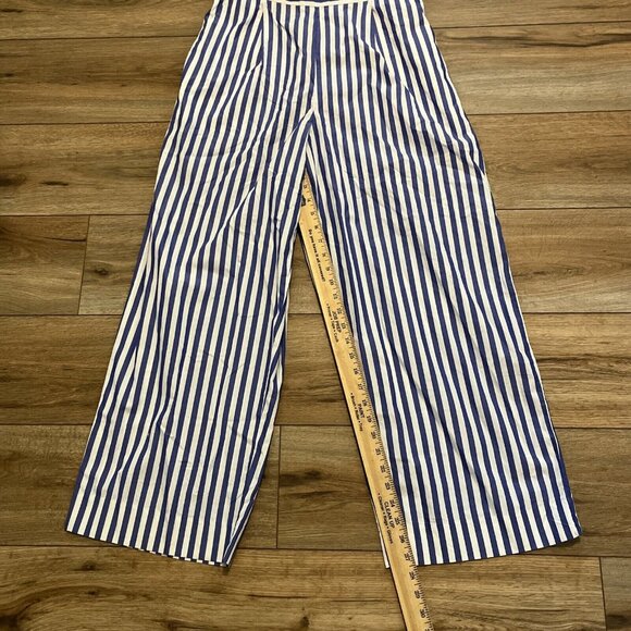 J. Crew One Shoulder Ruffle Jumpsuit SZ 6 Blue White Stripe Romper Wide Leg - Picture 4 of 10